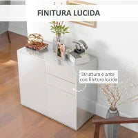 Credenza Moderna con 2 Armadietti e 2 Cassetti con Apertura a Pressione, 79x36x74cm, Bianco Lucido