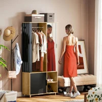 Armadio con Specchio e Asta Appendiabiti, Ripiani di Stoccaggio Aperti, Legno Naturale, Nero