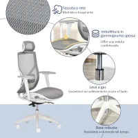Sedia Ergonomica da Ufficio con Poggiatesta, Inclinazione e Altezza Regolabile, Poltrona Girevole Basculante con Ruote e Schiena in Rete, 67x65x120-128cm, Grigio