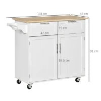 Carrello da Cucina Multiuso in Legno con 2 Cassetti, 104x46x91cm - Bianco