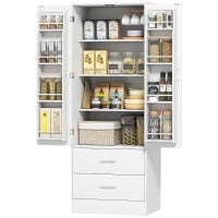 Credenza da Cucina con Armadietto con 8 Ripiani Portaspezie e 2 Cassetti, 60x40x159 cm, Bianco