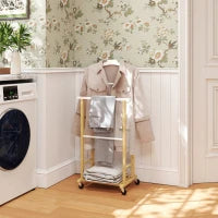 Servomuto in bambù con ruote, Aste per pantaloni e ripiano inferiore per scarpe, Legno Naturale e Bianco