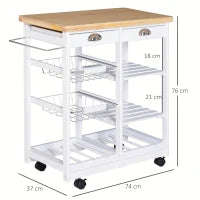 Carrello da Cucina Multiuso con 2 Cassetti, 2 Ripiani e 2 Cesti, in Legno di Pino, 74x37x76 cm, Bianco