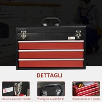 DURHAND Cassetta Porta Attrezzi in Acciaio con 3 Cassetti e Vassoio Superiore, 51x22x32 cm, Rosso e Nero