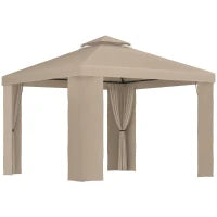 Gazebo da Giardino 3x3m in Metallo con Zanzariera e Tetto a 2 Livelli in Poliestere Cachi