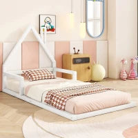 Letto Montessori a Forma di Casetta con Doghe in Legno, Letto per Cameretta per Bambini 4+ Anni, Senza Materasso, 90x200 cm, Bianco