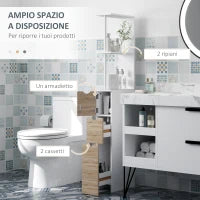 Mobile Colonna Bagno Salvaspazio con Armadietto, Ripiani e Cassetti, 15x33x136 cm, Colore Legno