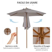 Ombrellone da Giardino a 6 Stecche in Legno e Tessuto Poliestere, 2.5x2.3m, Grigio