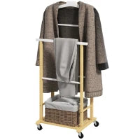 Servomuto in bambù con ruote, Aste per pantaloni e ripiano inferiore per scarpe, Legno Naturale e Bianco