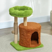 Albero Tiragraffi per Gatti con Casetta, Lettino e Pallina Giocattolo, in Legno e Peluche, 44x33x61 cm, Verde