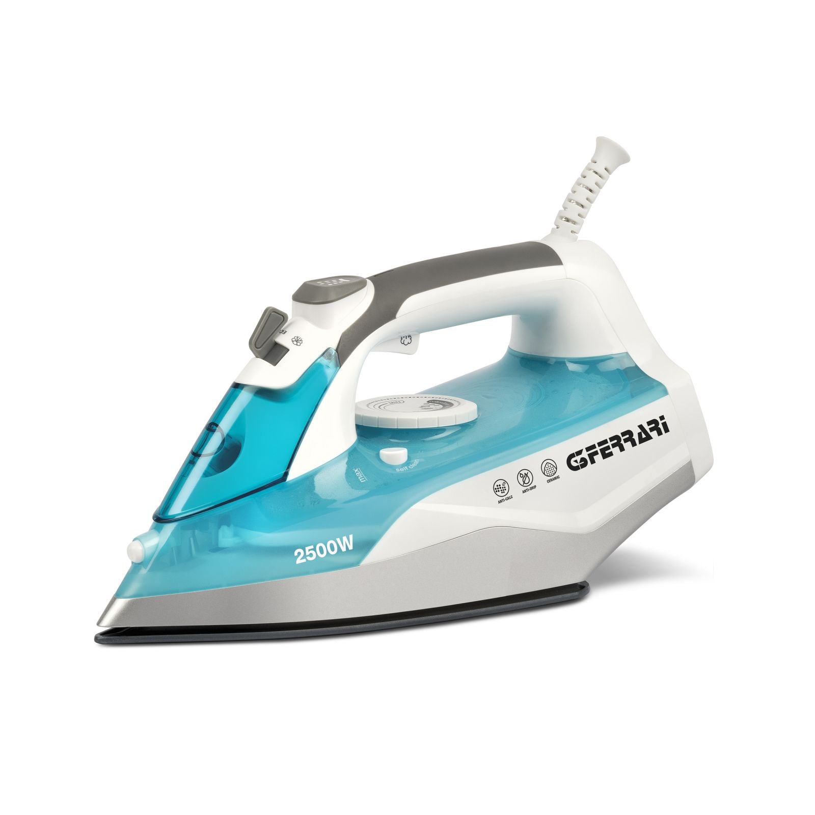 G3 ferrari g40021 ferro da stiro a vapore ermes, 2500 watt, piastra in ceramica, capacità 340cc, 150 g/min, funzione self-clean, anti-calcare e anti - sgocciolamento, 51 microfori, bianco/azzurro