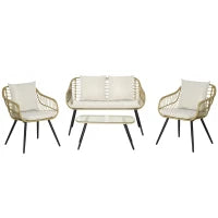 Set da Giardino 4 Pezzi con 2 Sedie da Giardino, Divanetto 2 Posti e Tavolino Basso, Naturale e Crema