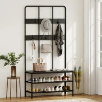 Appendiabiti da Ingresso 3 in 1 con 6 Ganci e Panca con Scarpiera, 91x36x180 cm, Nero