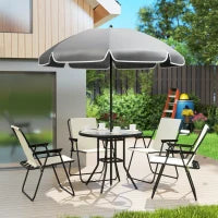Set da Giardino 6 Pezzi in Acciaio con 4 Sedie Pieghevoli, Ombrellone e Tavolo Rotondo, Crema, Grigio e Nero