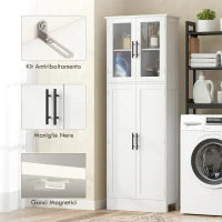 Mobile Bagno Alto con Ripiani Regolabili, Ante in Vetro e Legno, 60x30x170 cm, Bianco