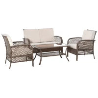 Set Mobili da Giardino in Rattan Marrone, Set Tavolino, Sedie e Divano da Esterno 4Pz con Cuscini Imbottiti Cachi