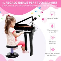 Pianoforte Elettrico Giocattolo Strumento Musicale per Bambini con 37 Tasti Microfono e Sgabello 48x39x69cm Nero