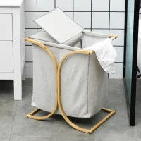 Portabiancheria a 2 Cesti con Coperchio in Bambù e Poliestere, 55x40x62 cm, Grigio e color Legno