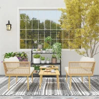 Set Salotto da Esterno in Rattan PE con 2 Divani a 2 Posti con Cuscini e 2 Tavoli da Caffè, Colore Legno