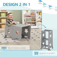 Scala Montessori Convertibile in Set Tavolo e Sedie con Barra di Sicurezza, in Legno, 60x44.5x86 cm, Grigio