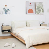 Set di 2 Comodini da Parete con Cassetto Scorrevole, Scaffale, Bicolore Effetto Rovere, Nero