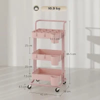 Carrello Ausiliario con Ruote Carro di Stoccaggio Multifunzionale con Ganci e Ceste Sospese 42x38x86,5 cm Rosa