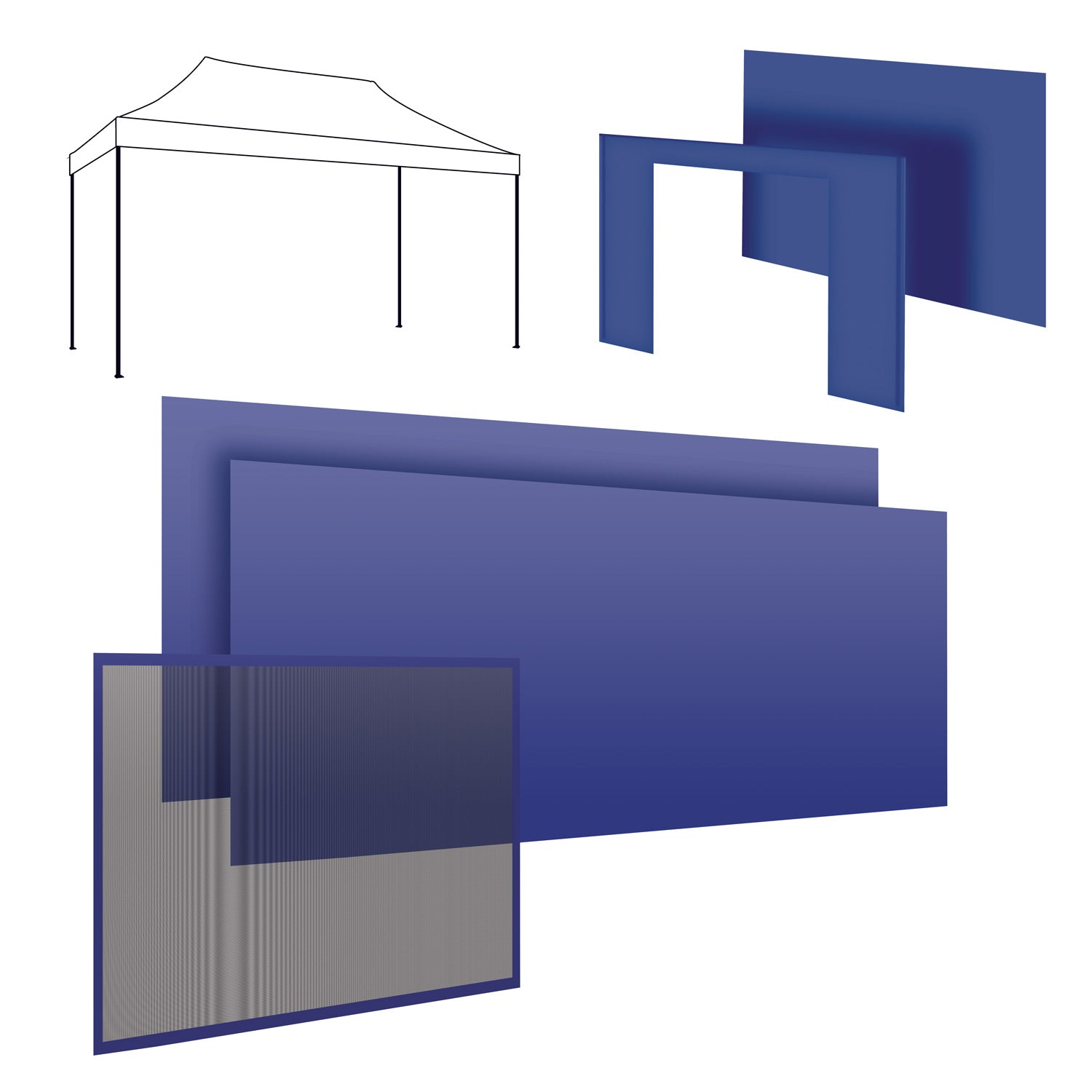 Set completo per gazebo 3x4m: 2 teli laterali 4,5 + 1 telo laterale 3m + telo porta + telo zanzariera blu