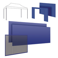 Set completo per gazebo 3x4m: 2 teli laterali 4,5 + 1 telo laterale 3m + telo porta + telo zanzariera blu