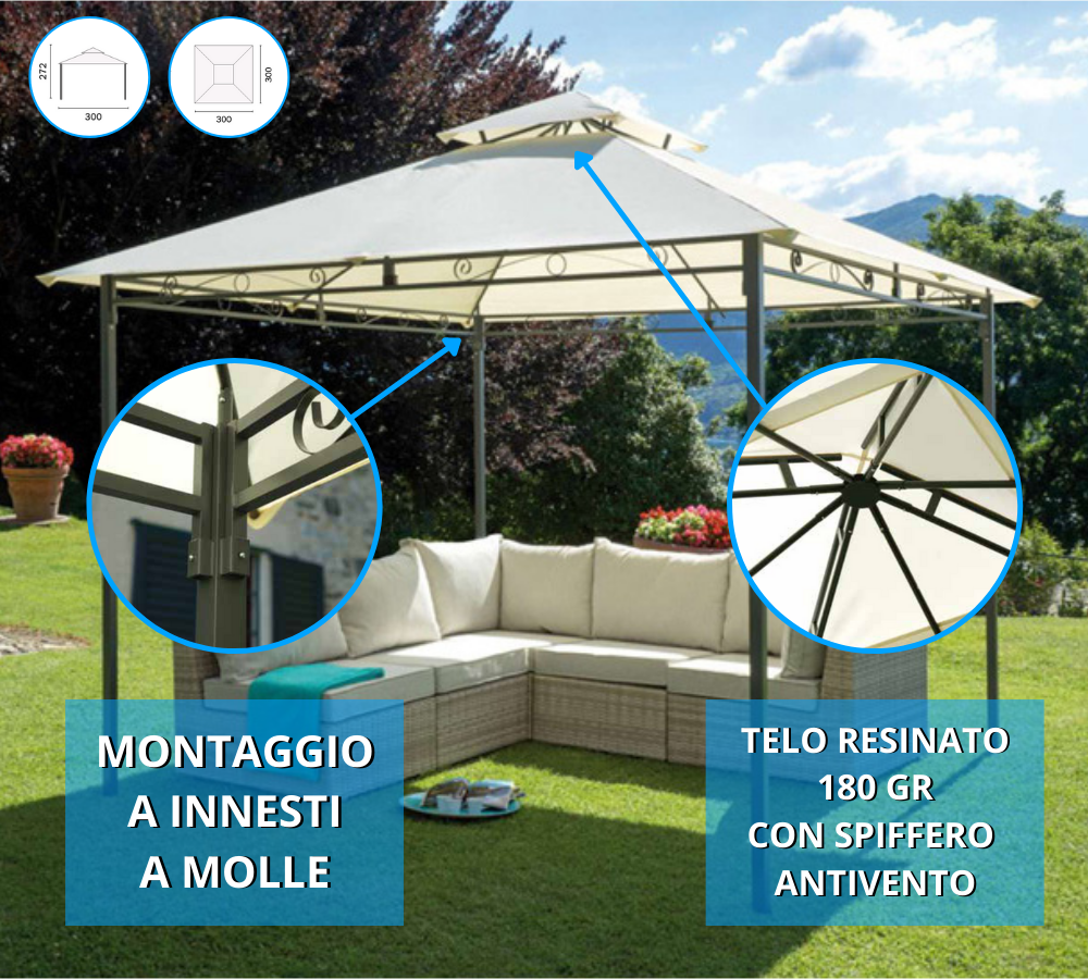 Gazebo da giardino fisso 3x3 mt quadrato con telo ecrù 180gr e struttura in ferro Tomaino GAZ365 