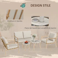 Salotto da Giardino con Divano, 2 Poltroncine e 2 Tavolini Effetto Bambù con Cuscini, Marrone