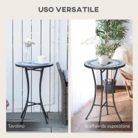 Tavolino da Giardino Rotondo in Metallo con Piano in Ceramica, Design a Mosaico, Ф35.5x53.5cm, Blu