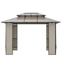 Gazebo da Giardino 3.7x3m con Tetto in Policarbonato a 2 Livelli, Acciaio e Alluminio, Marrone