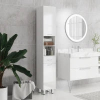 kleankin Colonna Bagno con Cassetto, 2 Ripiani Aperti e 2 Armadietti a 2 Livelli, in Legno, 30x30x180 cm, Bianco Lucido
