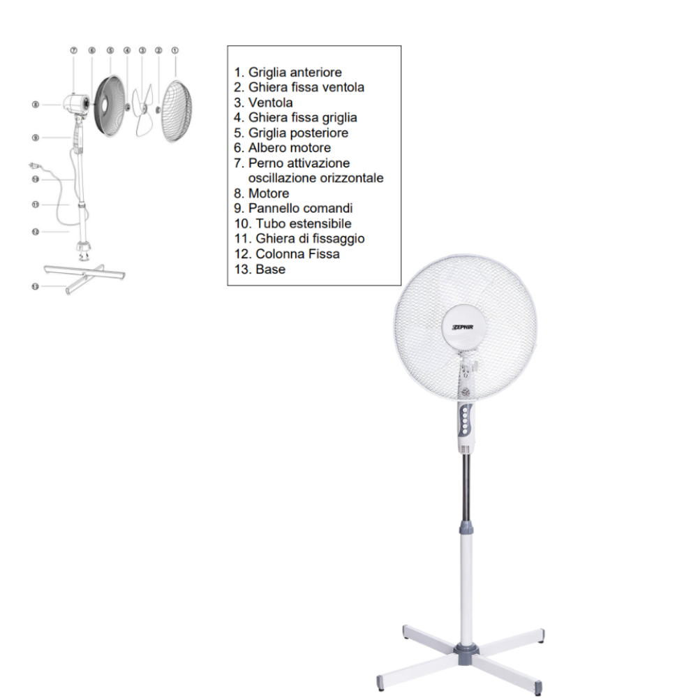 Zephir ventilatore a piantana base a croce timer autospegnimento 45w pala 40 cm