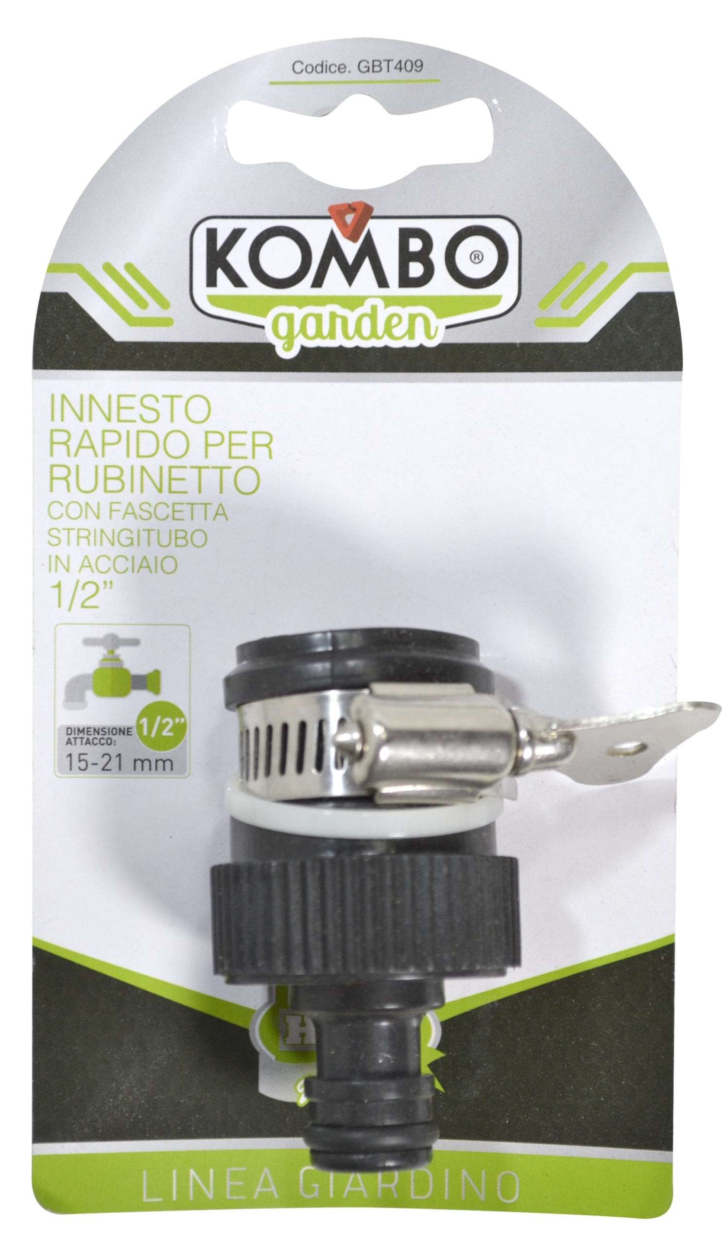 Innesto rapido universale con fascetta stringitubo in acciaio regolabile, struttura in