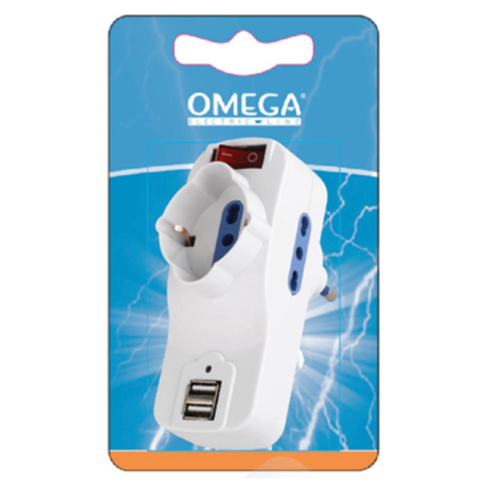 ADATTATORE TRIPLO ROTANTE 1 SCHUKO 2BPRESE 10/16A 2P+T 2USB SPINA 16A