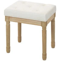 Poggiapiedi in Stile Rustico, Rivestito in Tessuto Effetto Lino con Gambe Intagliate in Legno Massiccio, Seduta Imbottita, Beige