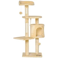 Albero Tiragraffi per Gatti in Legno a 4 Livelli con Cuccia, Giocattoli, Pallina e Corda, Altezza 114 cm