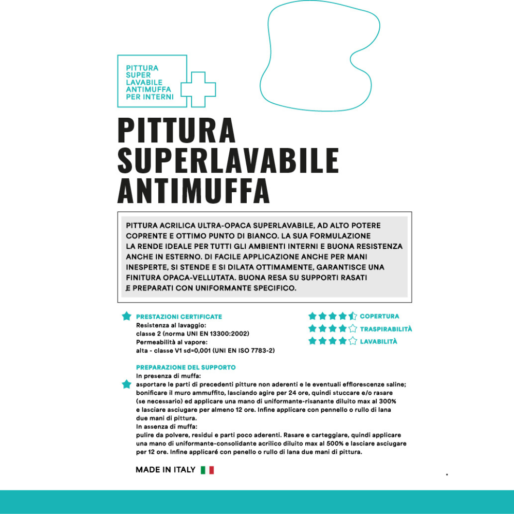 Pittura acrilica ultra opaca super lavabile antimuffa protezione antibatterica *** formato 4 lt, confezione 1