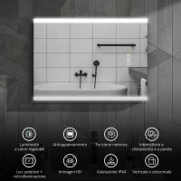 Specchio da Bagno con Luce LED a 3 Colori e Funzione Memory, in Vetro Temperato, 70x50x3 cm, Argento