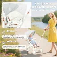 Triciclo per Bambini 5 in 1 con Maniglione di Spinta e Copertura Rimovibile, 96.5x49x101 cm, Bianco Crema