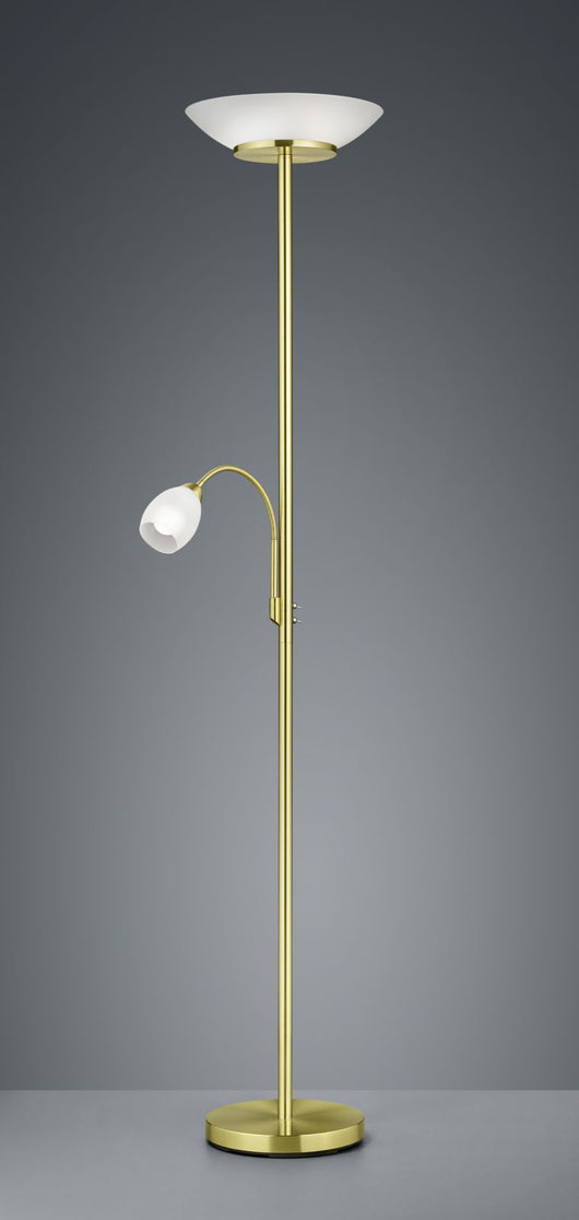 GERRY PIANTANA CON LAMPADA DA LETTURA METALLO OTTONE OPACO CON DIFFUSORI VETRO BIANCO H. 180CM 2 LUCI ATTACCO E27 E E14