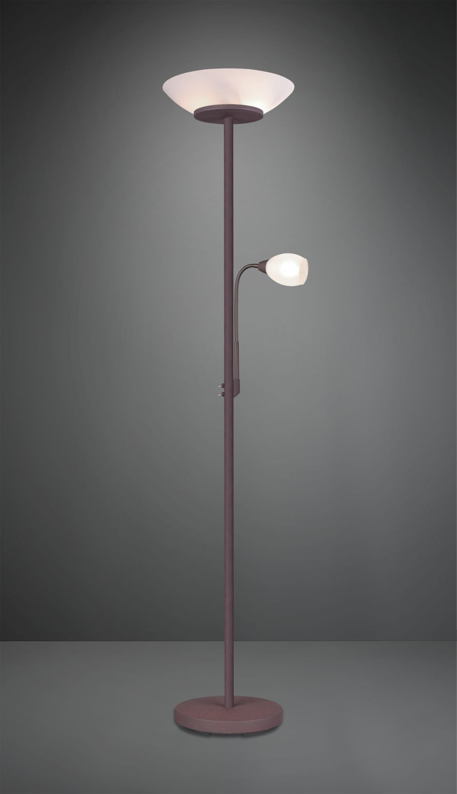GERRY PIANTANA CON LAMPADA DA LETTURA METALLO RUGGINE CON DIFFUSORI VETRO BIANCO H. 180CM 2 LUCI ATTACCO E27 E E14
