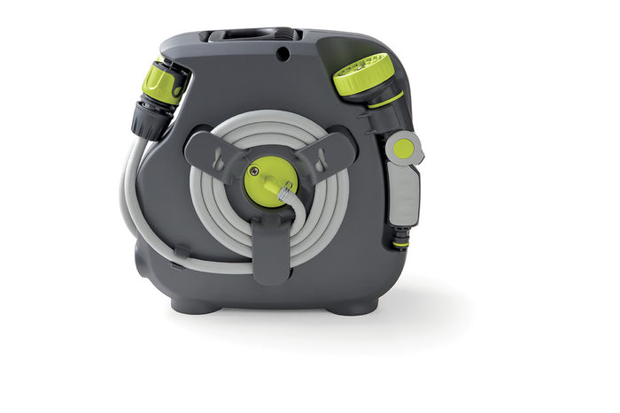 AQUABAG STYLE VERDE LIME, mini avvolgitubo per giardino,11,5M tubo,lancia 8 getti,raccordi,appendibile,Made in Italy