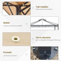 Gazebo Pergola da Esterno 3.3x3.3m con Doppio Tettuccio e Telo Estraibile, Marrone Chiaro