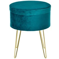 Pouf Contenitore 2 in 1 con Funzione Sgabello e Tavolino, in Legno e Tessuto Verde, Metallo con Finitura Oro, 36x36x45cm