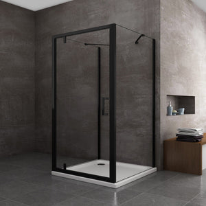 Box Doccia Con Due Pareti Fisse Laterali e Porta Battente Frontale Roto-traslante 8 MM H 200 Nero Opaco Misura 75 (73-75) FISSE + PORTA 75 (73-76)