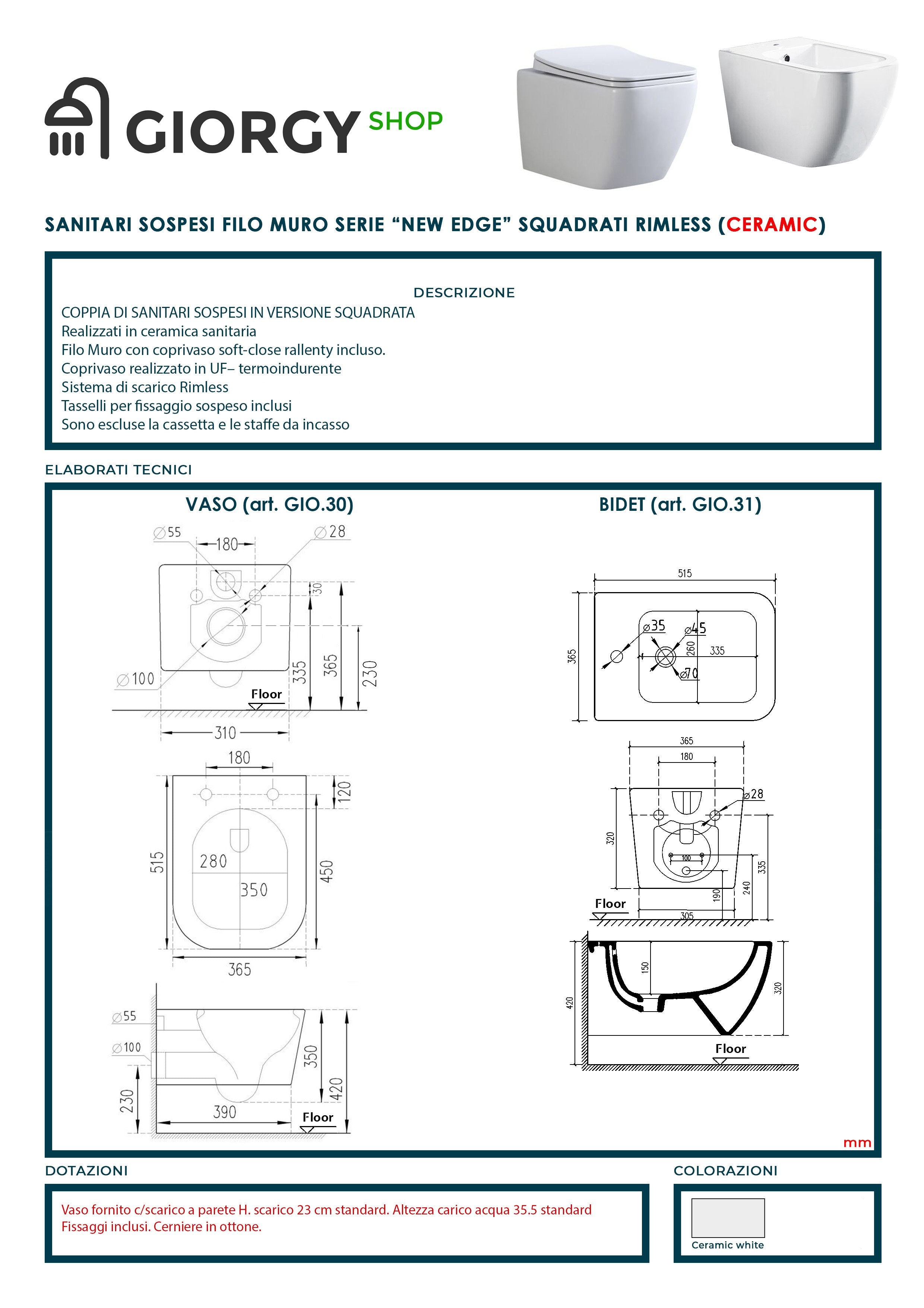 Coppia Sanitari Sospesi Rimless senza brida linea squadrata dimensioni ridotte coprivaso soft-close  