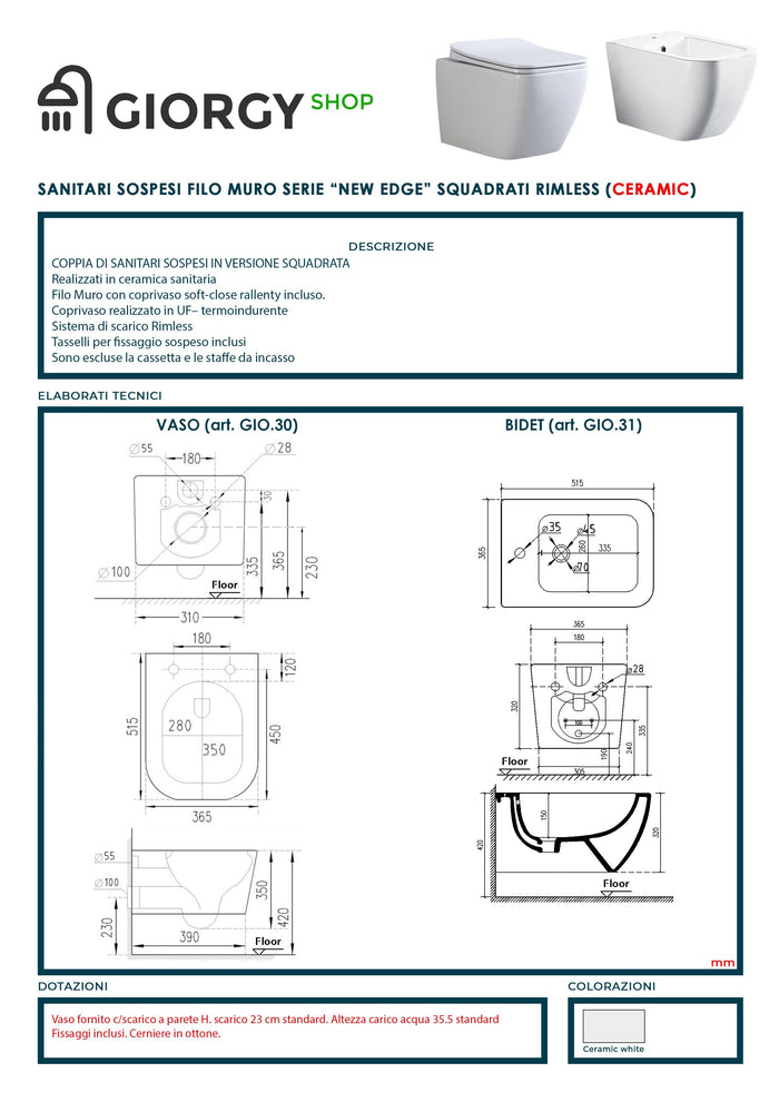 Coppia Sanitari Sospesi Rimless senza brida linea squadrata dimensioni ridotte coprivaso soft-close  