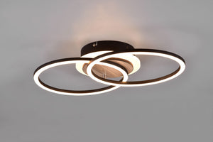 GIRO PLAFONIERA LED 25W 3000lm, 2700 - 6000K DOPPIO CERCHIO METALLO NERO CON BASE ILLUMINATA EFFETTO LEGNO CON TELECOMANDO MULTIFUNZIONE L. 46,5CM DIMMERABILE